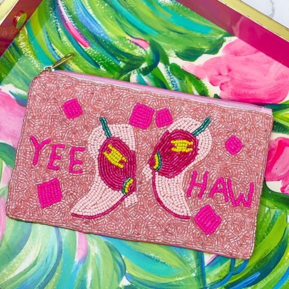 Beaded Yee Haw Cowgirl Western Pink Boots Money Makeup Lipstick Wristlet Bag - Picture 3 of 7